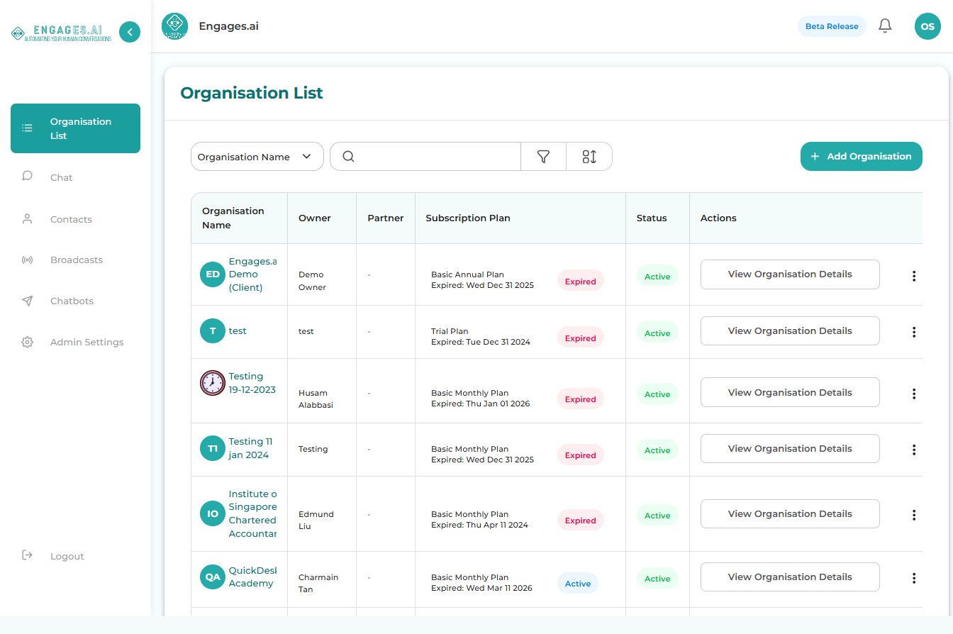 Dashboard page for Engages AI staff