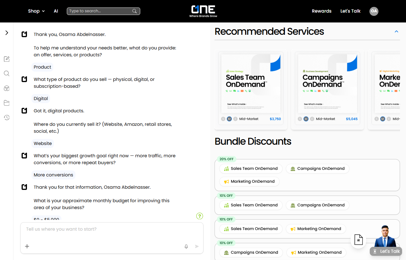 The AI Conversation chatbot in GoTryOne when user answers more questions and gets a bundle service discount to his business