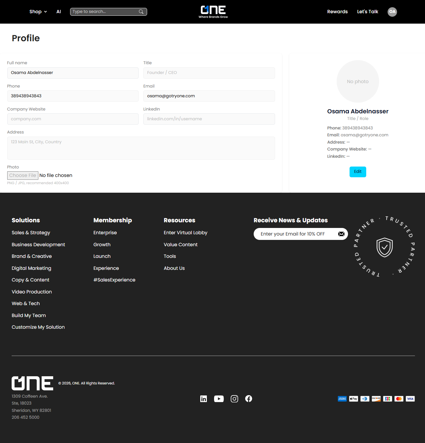 The profile page for GoTryOne