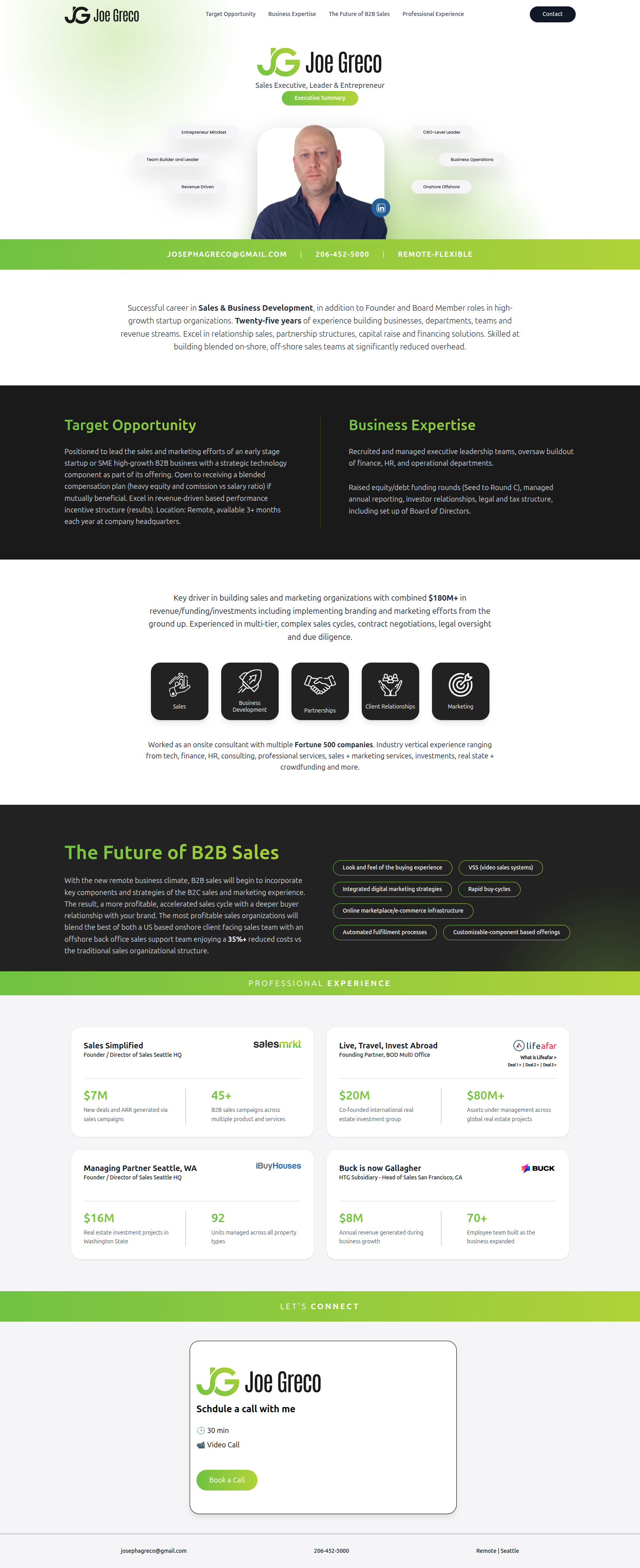 Landing page view of Joe Greco's portfolio website