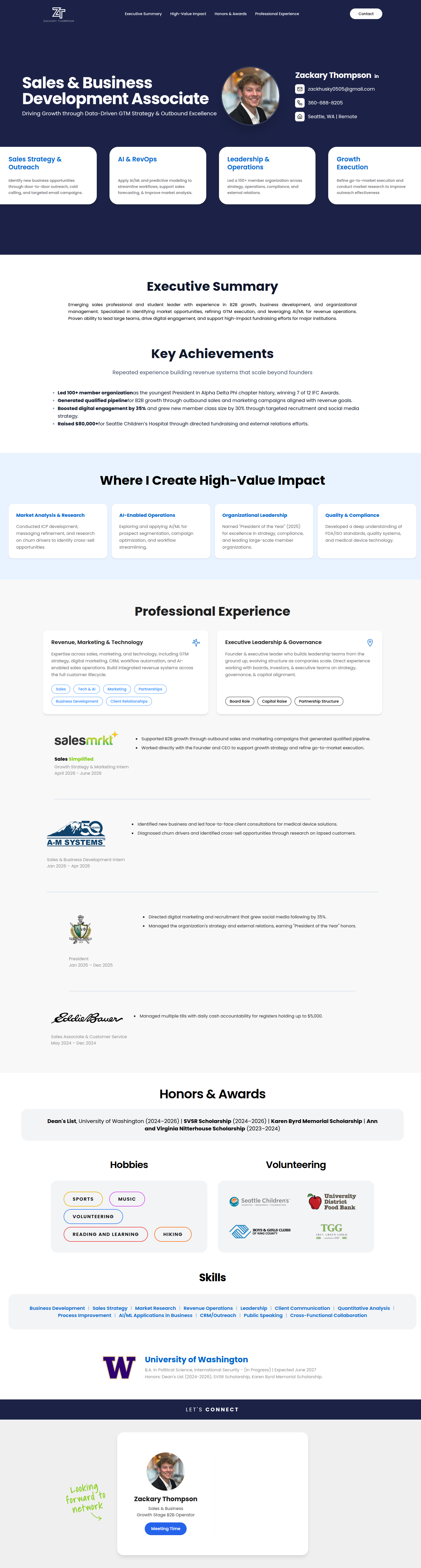 Landing page view of Zack Thompson's portfolio website